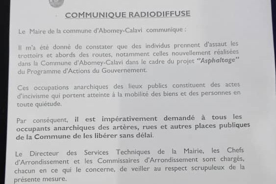 Occupation anarchique des espaces publics à Abomey- Calavi : Angelo Ahouandjinou dit stop et menace
