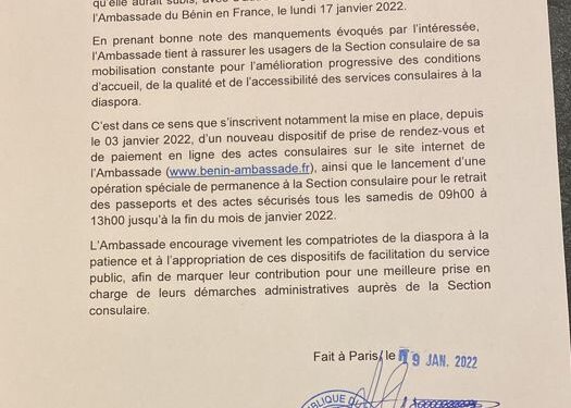 Ambassade du Bénin en France/Suite à certaines plaintes: L’ambassadeur Agbangla prend acte et rassure