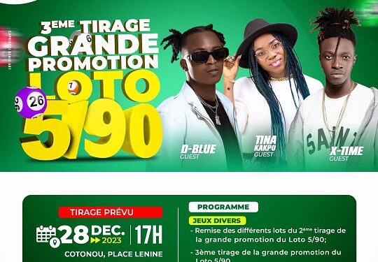 3ème tirage de la grande promotion du jeu loto 5 sur 90 : Un show de ouf avec X-Time et D-Blue, Tina, des guests stars sur le podium de la LNB ce jeudi à Akpakpa